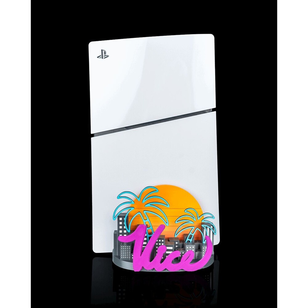 Neon Cityscape Console Stand for PS5 - 3D Printed Vertical Holder Retro Decor
